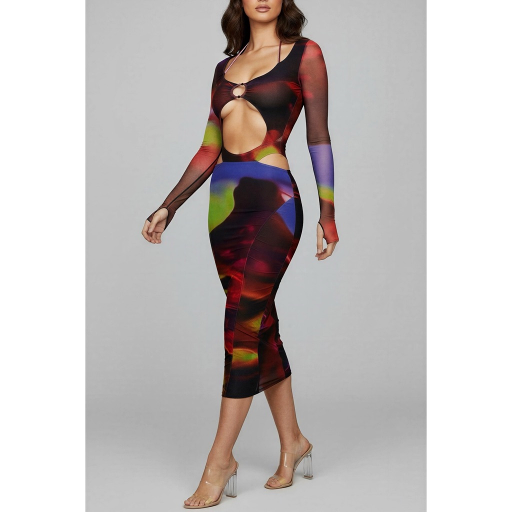 House Of Cb Marina Mesh Bodycon Dress, Black Orchid Print, Xs